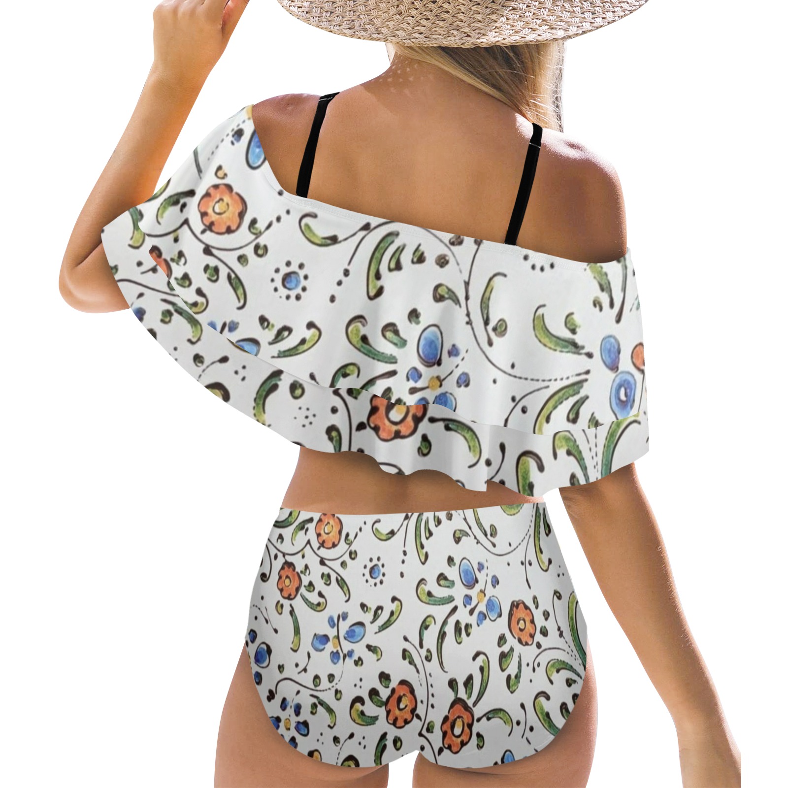 Flower Women's Ruffle Off Shoulder Bikini Swimsuit (Model S45)