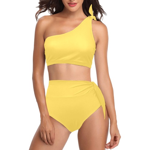 color mustard High Waisted One Shoulder Bikini Set (Model S16)