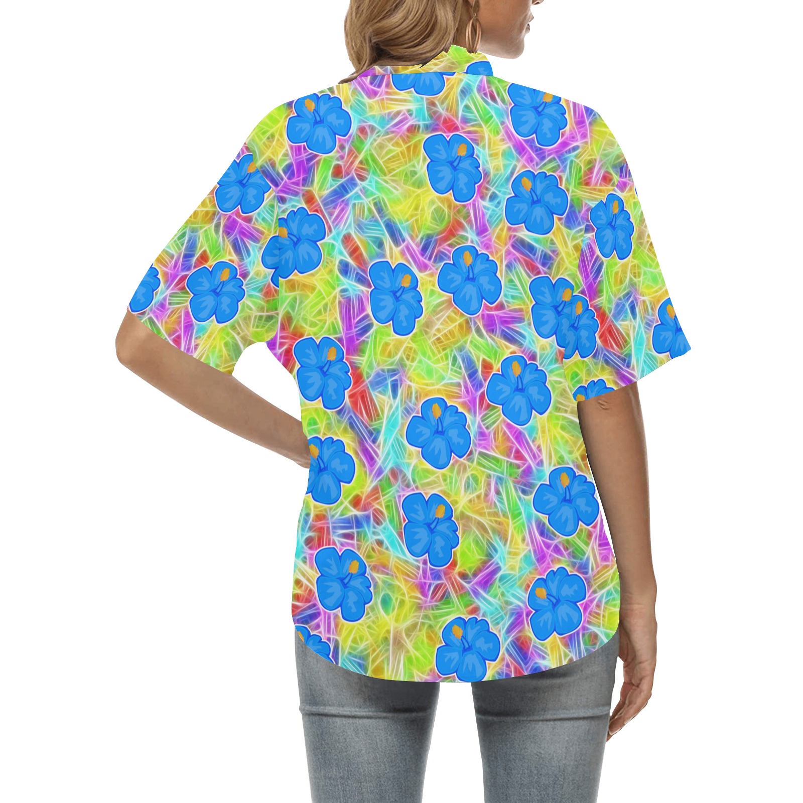 Blue Hawaiian Flowers Pattern All Over Print Hawaiian Shirt for Women (Model T58)