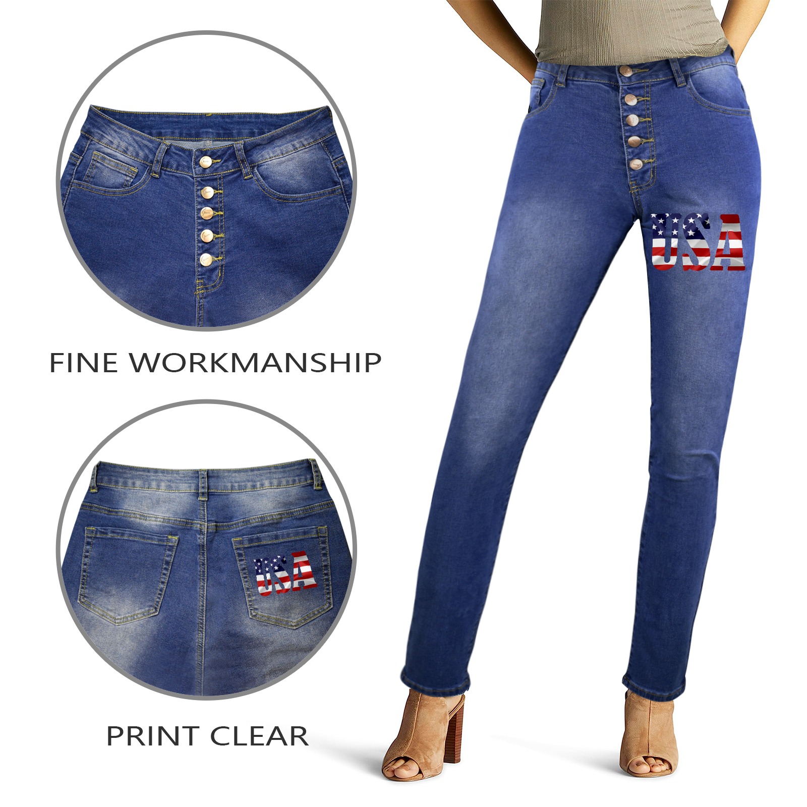 USA text decorated with the American flag art. Women's Jeans (Front&Back Printing)
