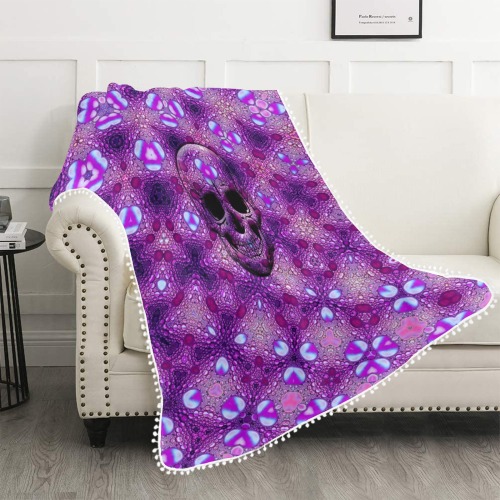 Skull Shinny Purple Fleece Blanket Pom Pom Fringe Blanket 60"x80"