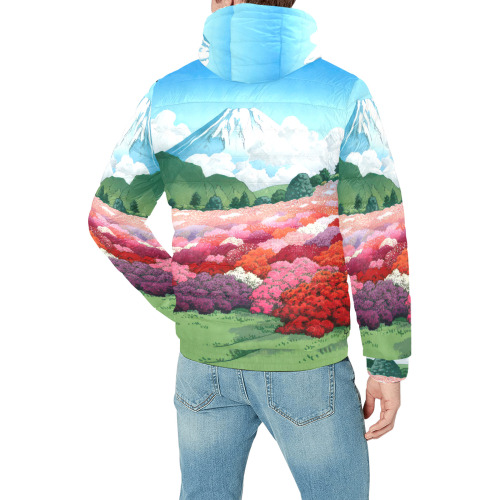 Puffer Jacket Hasui Mt Fuji Azalea garden Men's Padded Hooded Jacket (Model H42)