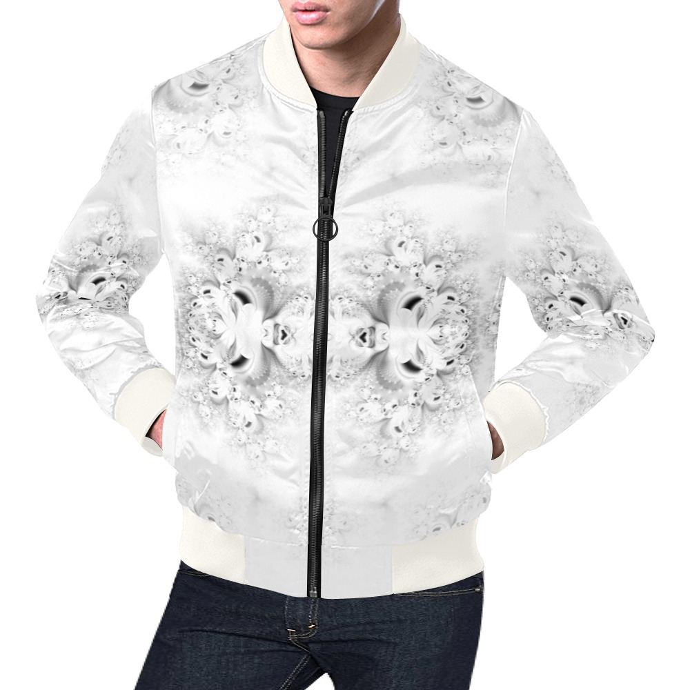 Snowy Winter White Frost Fractal All Over Print Bomber Jacket for Men (Model H19)