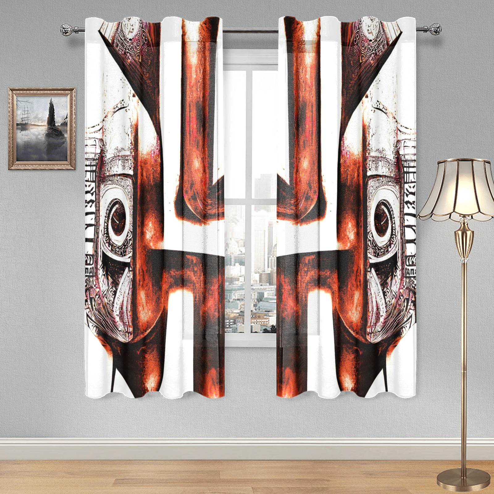 gothic building's brown and white Gauze Curtain 28"x63" (Two-Piece)