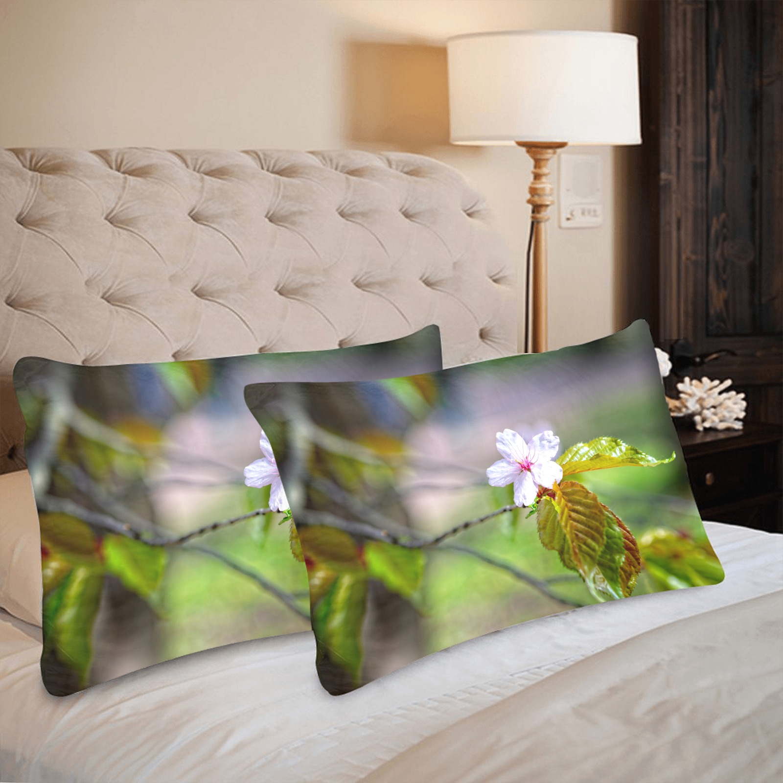 One sakura cherry flowers on a tree in spring. Custom Pillow Case 20"x 30" (One Side) (Set of 2)