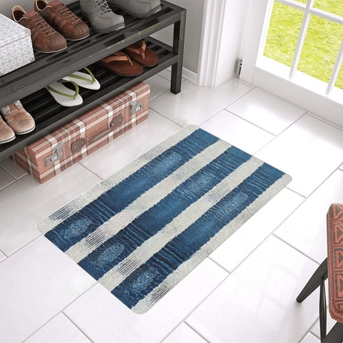 blue and white striped pattern Doormat 24"x16" (Black Base)