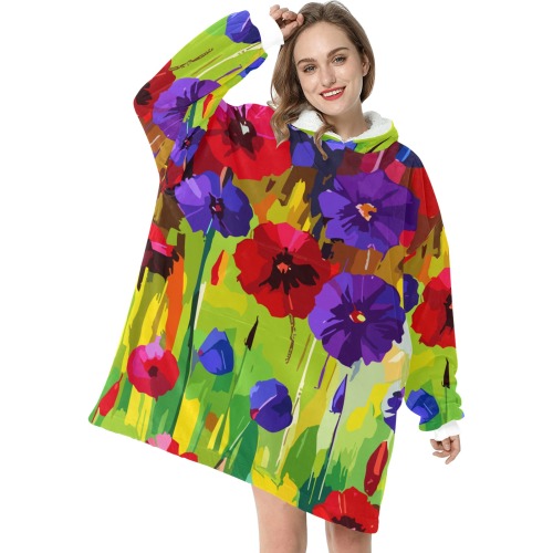 Colorful fantasy poppy flowers in the field art Blanket Hoodie for Women
