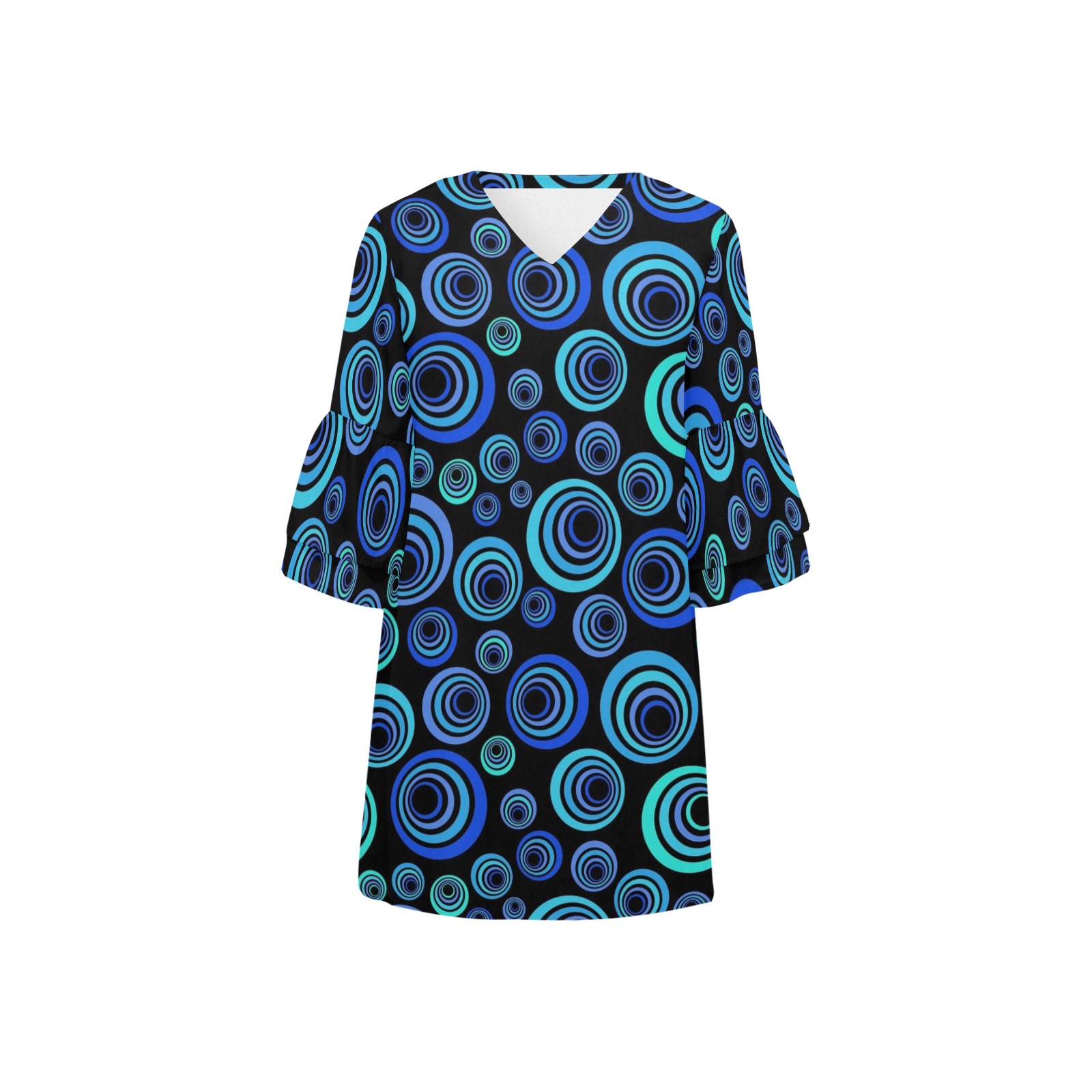 Retro Psychedelic Pretty Blue Pattern Half Sleeves V-Neck Mini Dress (Model D63)