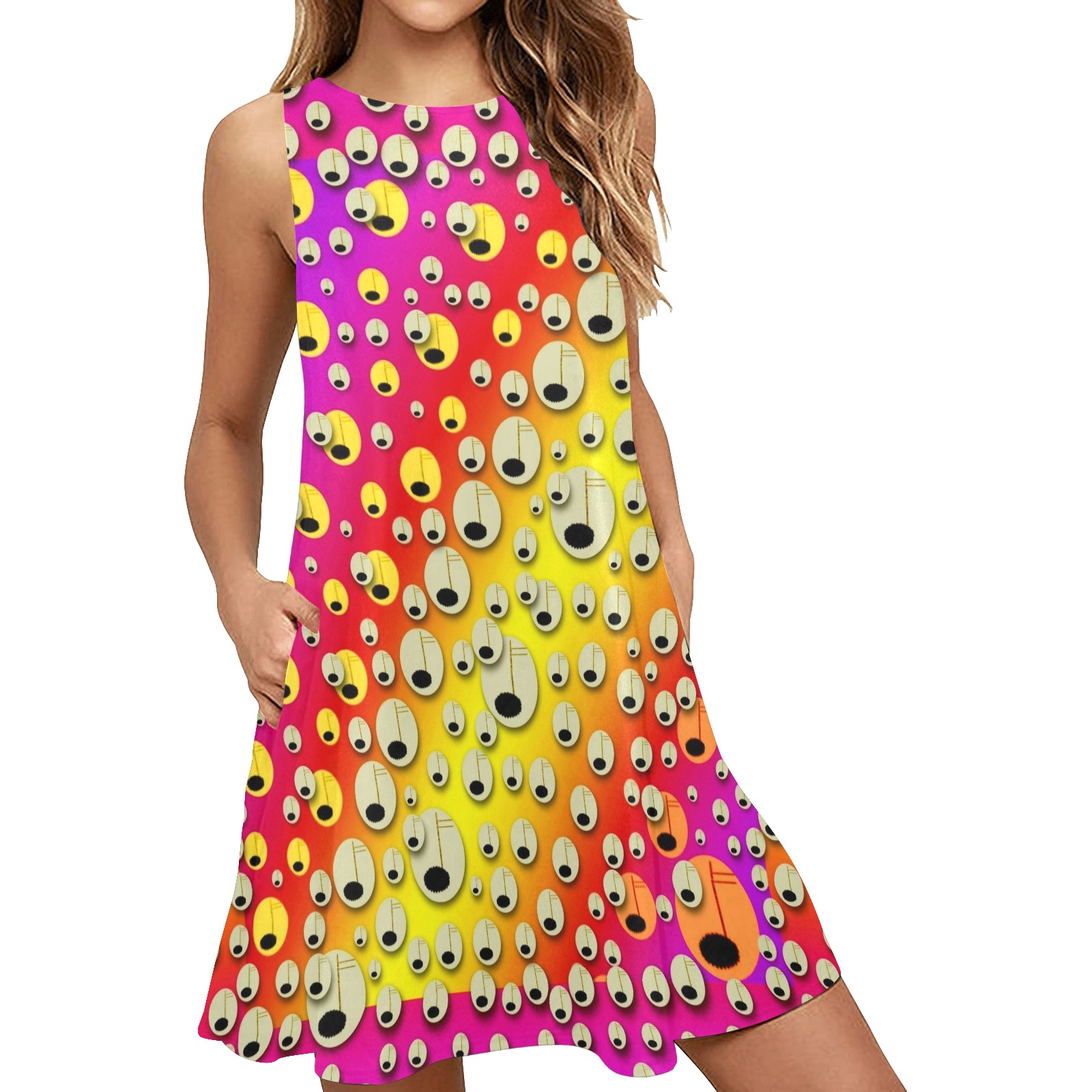 festive music tribute in rainbows Sleeveless A-Line Pocket Dress (Model D57)