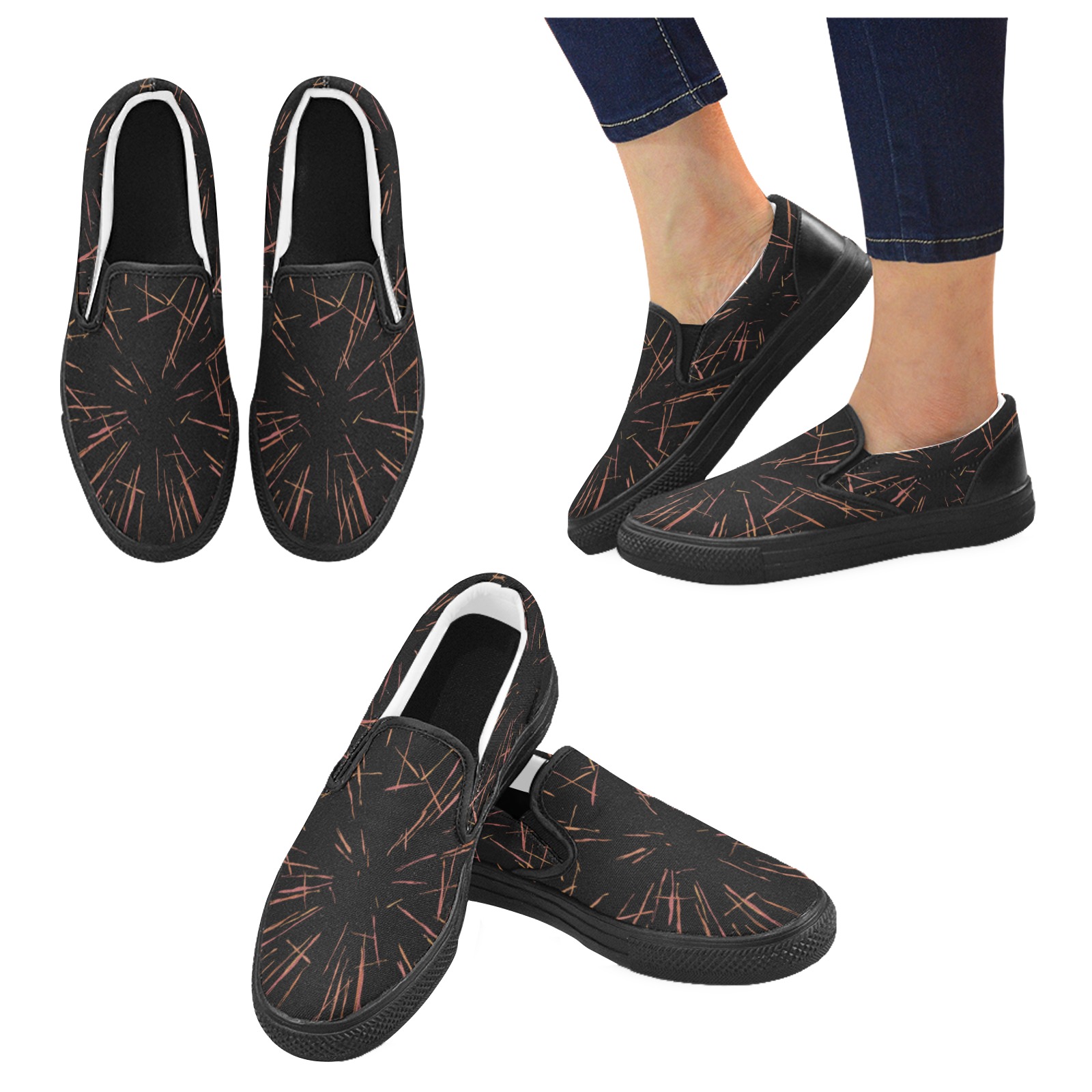 Dynamic Orange Lines on Black Men's Unusual Slip-on Canvas Shoes (Model 019)