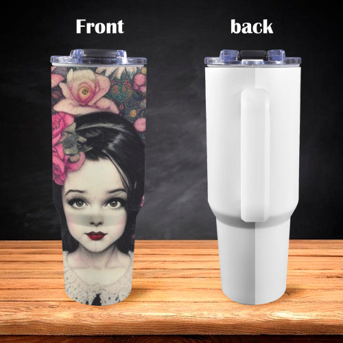 pretty victorian girl with pink knit flowers 40oz Tumbler with Handle