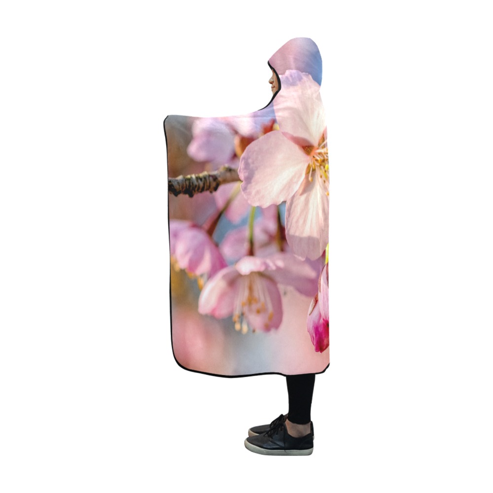 Pink sakura flowers on a sunny day of spring. Hooded Blanket 60''x50''