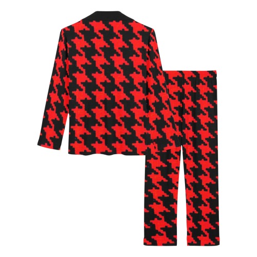 Black and Red Large Size Houndstooth Pattern Women's Long Pajama Set
