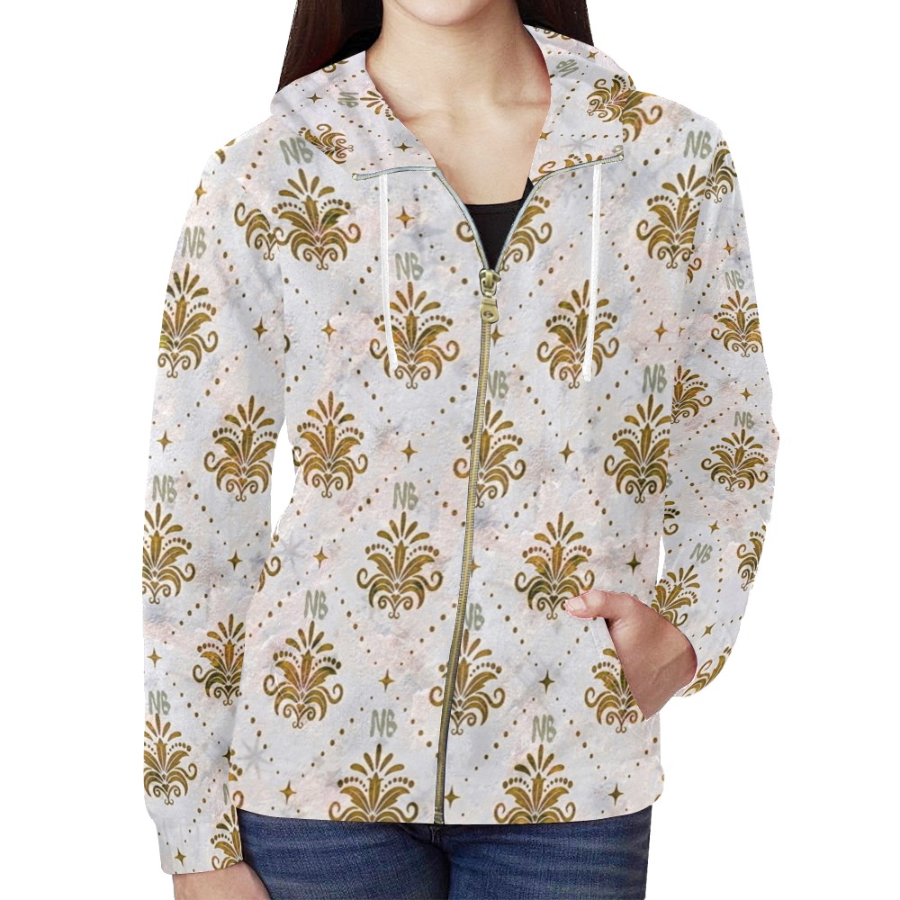 Gold Royal Pattern by Nico Bielow All Over Print Full Zip Hoodie for Women (Model H14)
