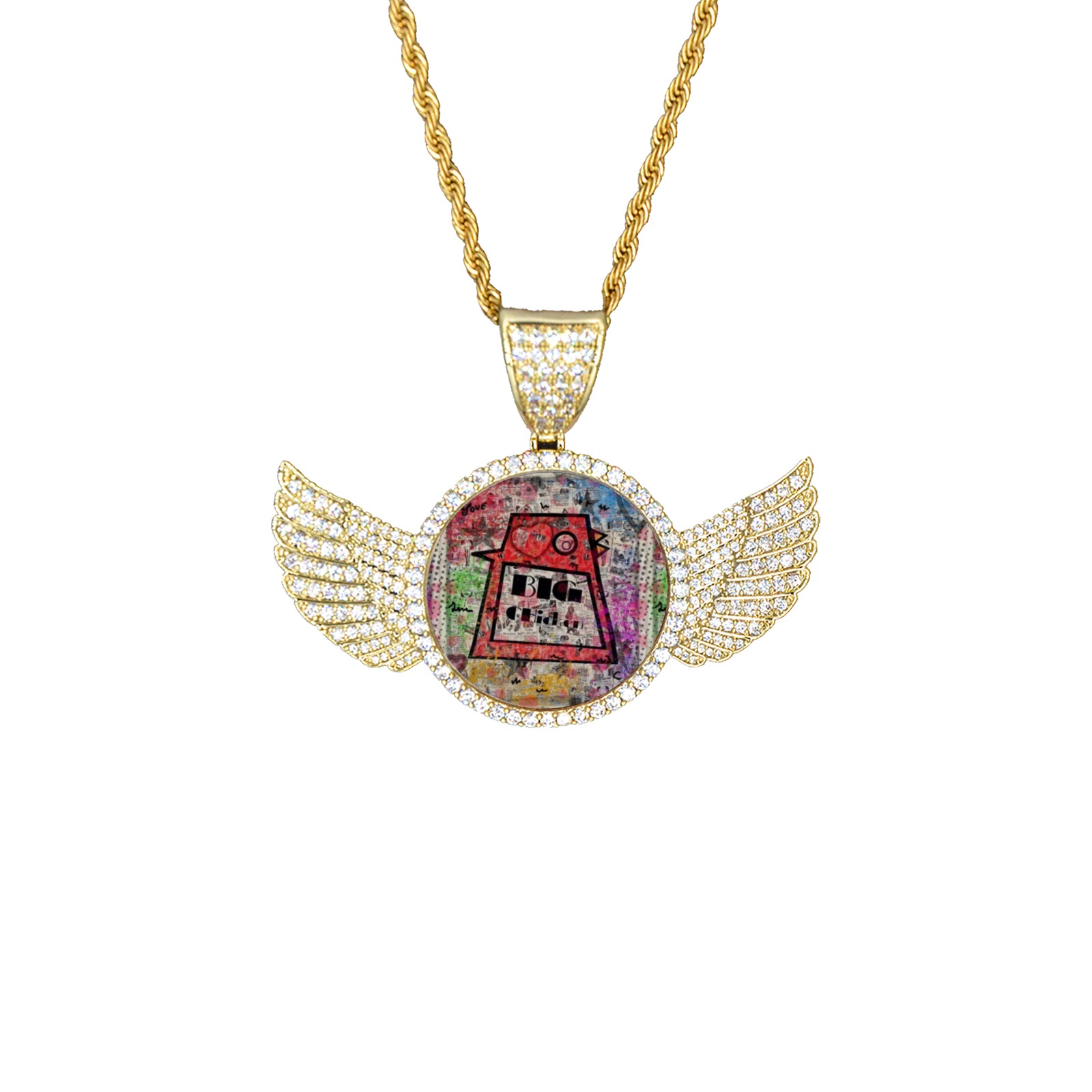 Big Chicken Paper by Nico Bielow Wings Gold Photo Pendant with Rope Chain