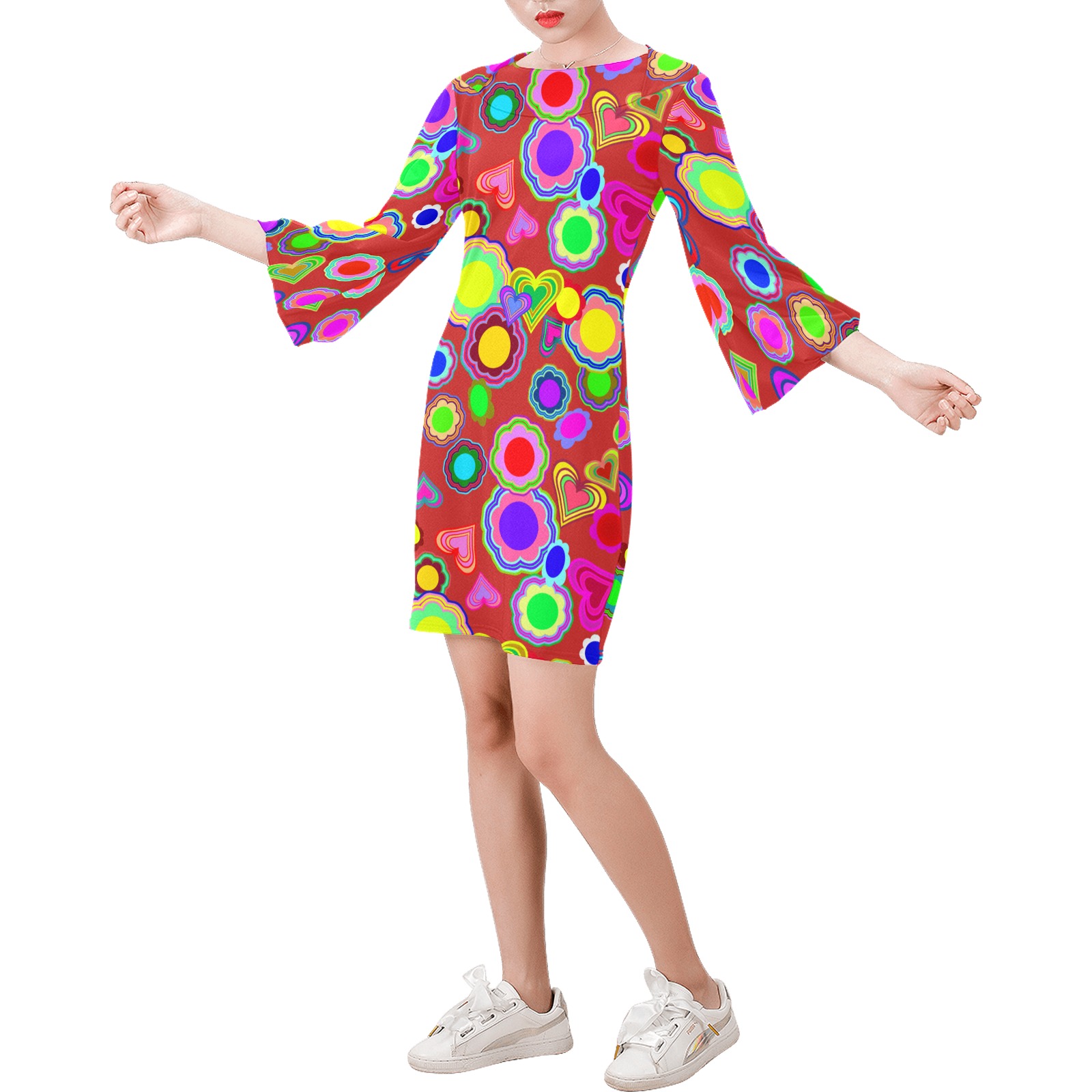 Groovy Hearts and Flowers Red Bell Sleeve Dress (Model D52)