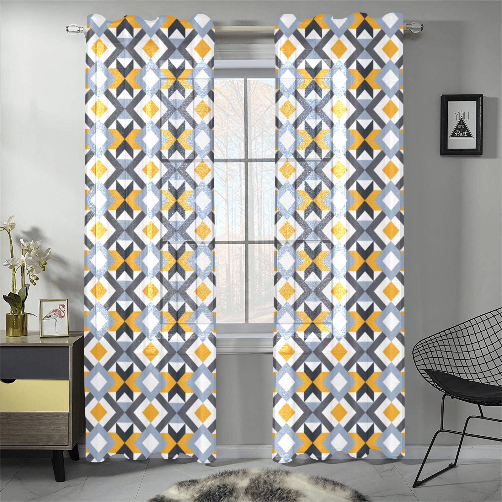Retro Angles Abstract Geometric Pattern Gauze Curtain 28"x84" (Two-Piece)
