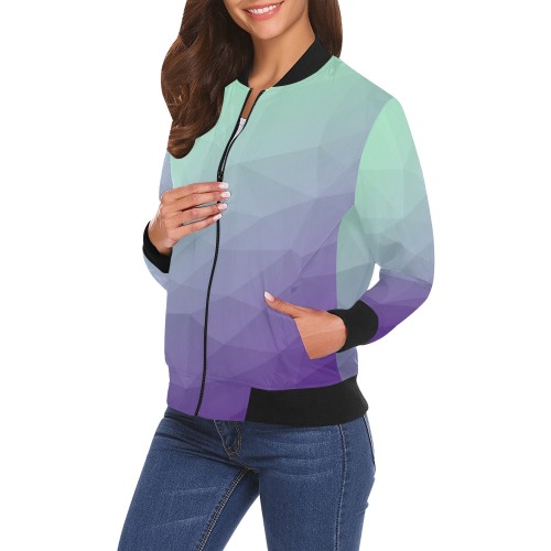 Purple green ombre gradient geometric mesh pattern All Over Print Bomber Jacket for Women (Model H19)