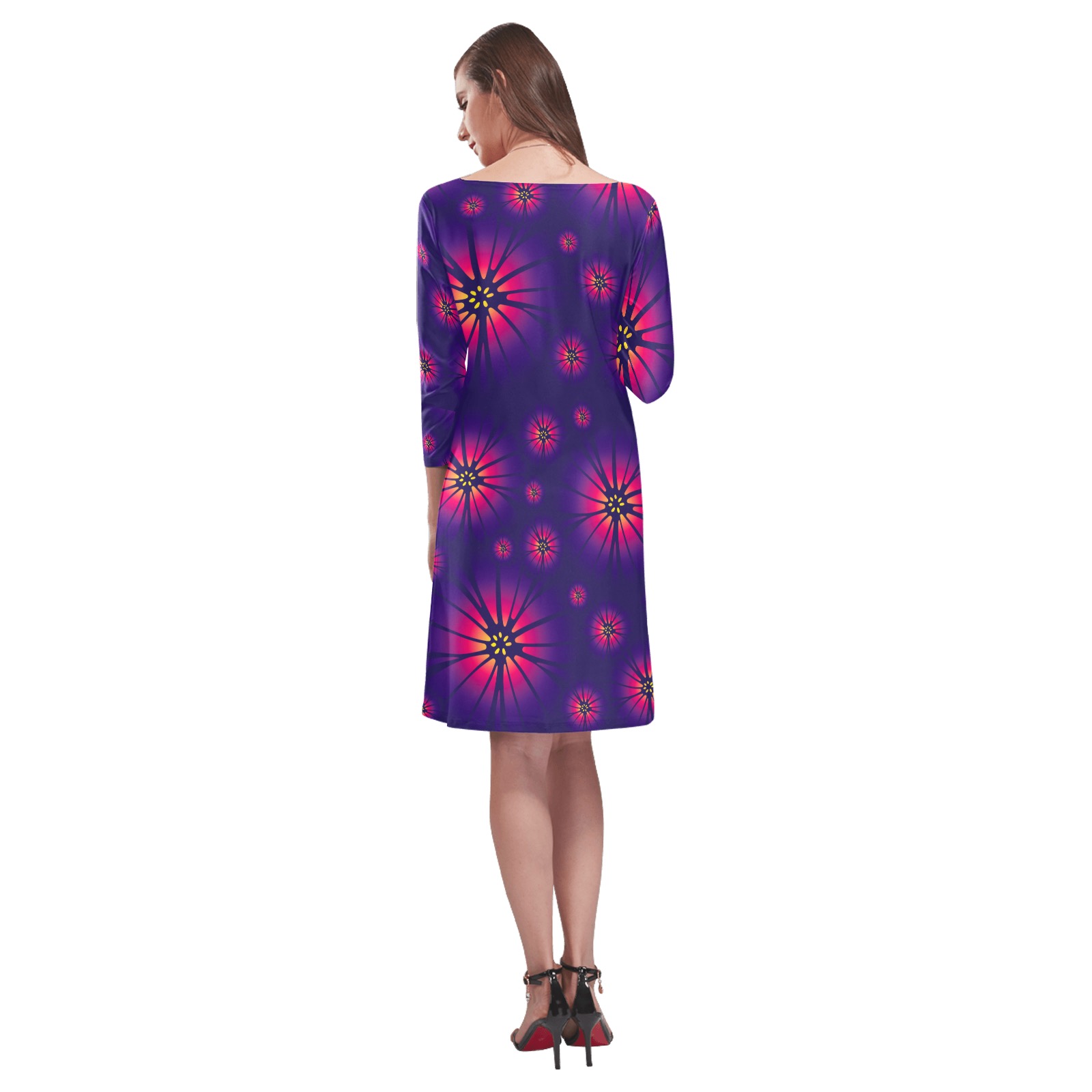 Ô Pink and Yellow Flowers on Purple Rhea Loose Round Neck Dress(Model D22)