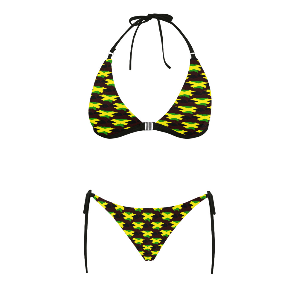 Jamaican Flag Maps Brown Buckle Front Halter Bikini Swimsuit (Model S08)