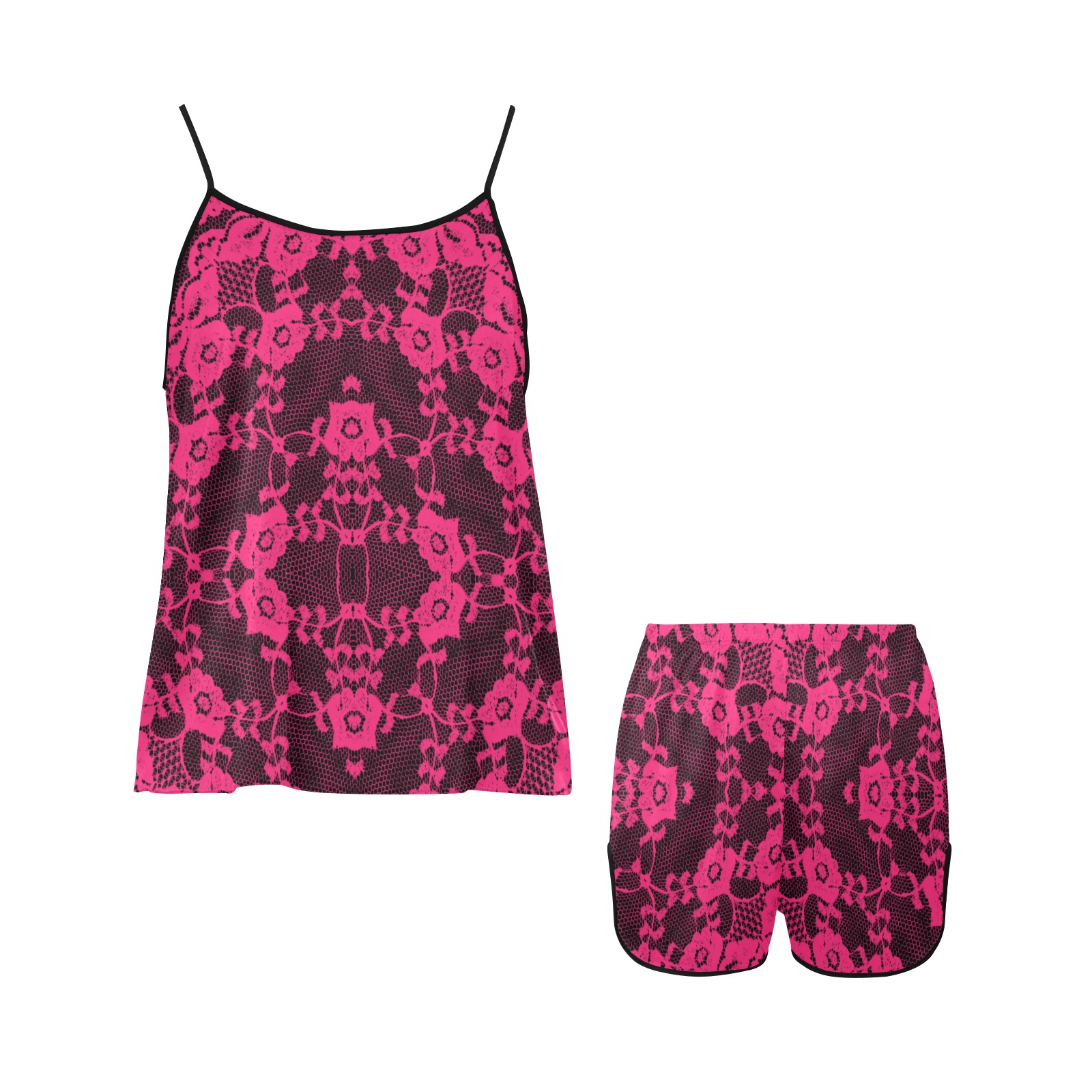 Ô Fuscia Pink Lace on Black Women's Spaghetti Strap Short Pajama Set