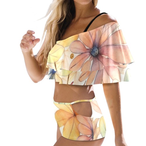 Watercolor Floral 2 Women's Ruffle Off Shoulder Bikini Swimsuit (Model S45)
