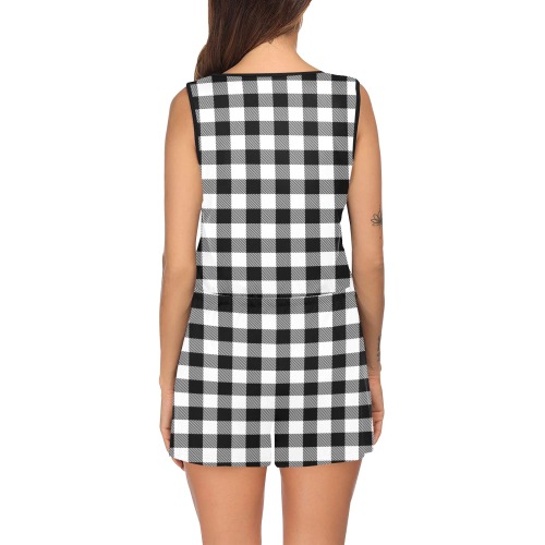 Black and White Plaid All Over Print Short Jumpsuit