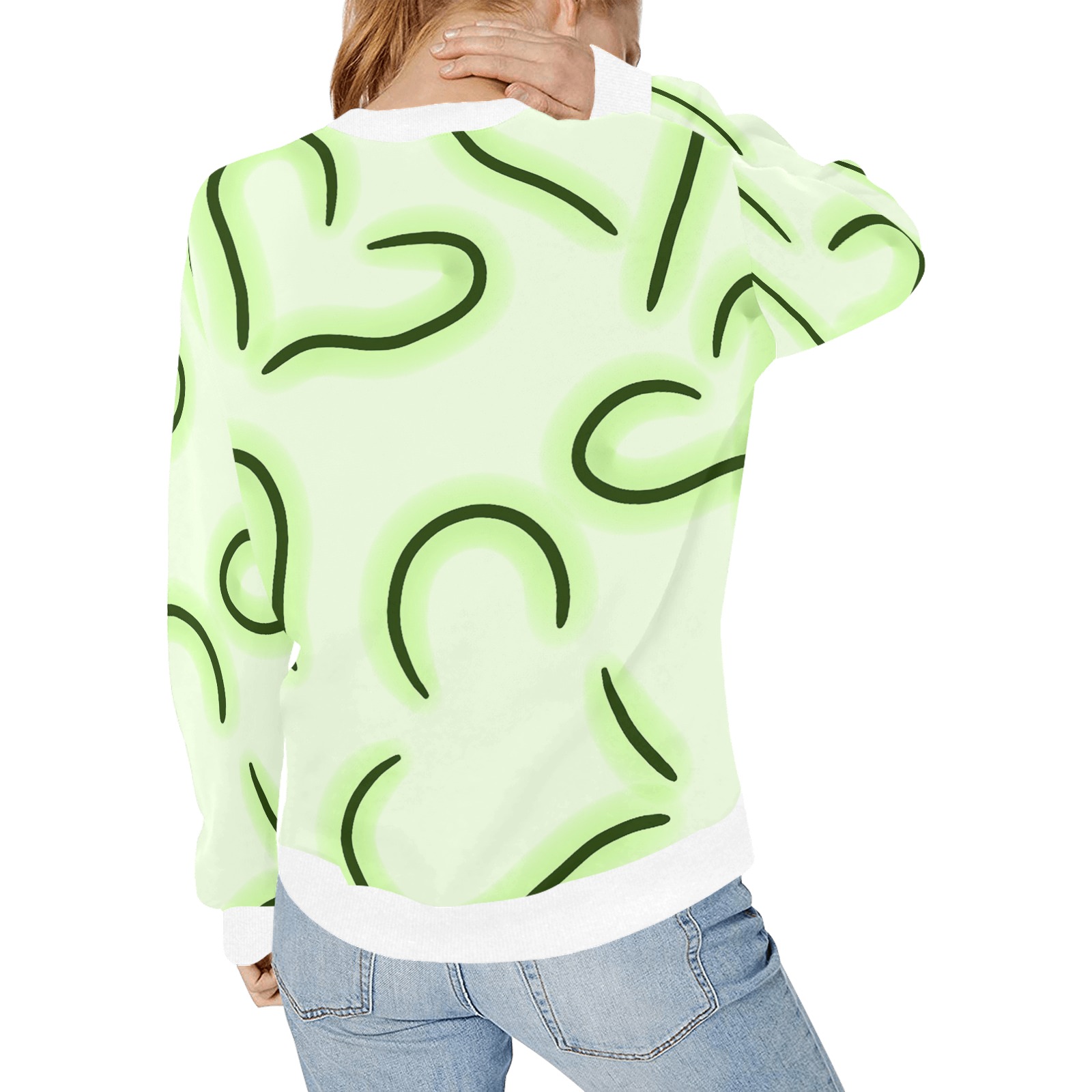 Cute Hearts Green Women's Rib Cuff Crew Neck Sweatshirt (Model H34)