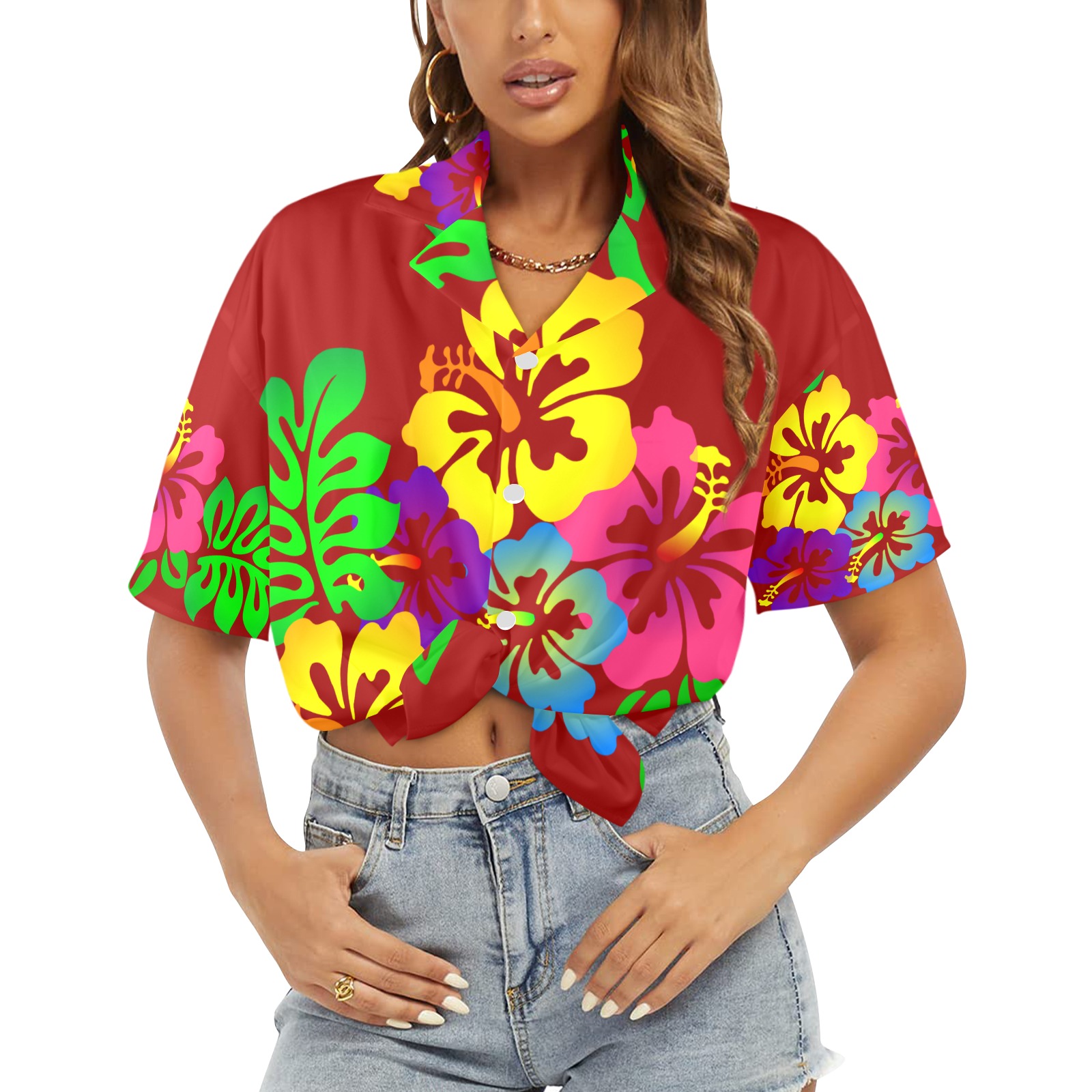 Hibiscus Hawaiian Flowers - Red Women's All Over Print Hawaiian Shirt (T58-2)
