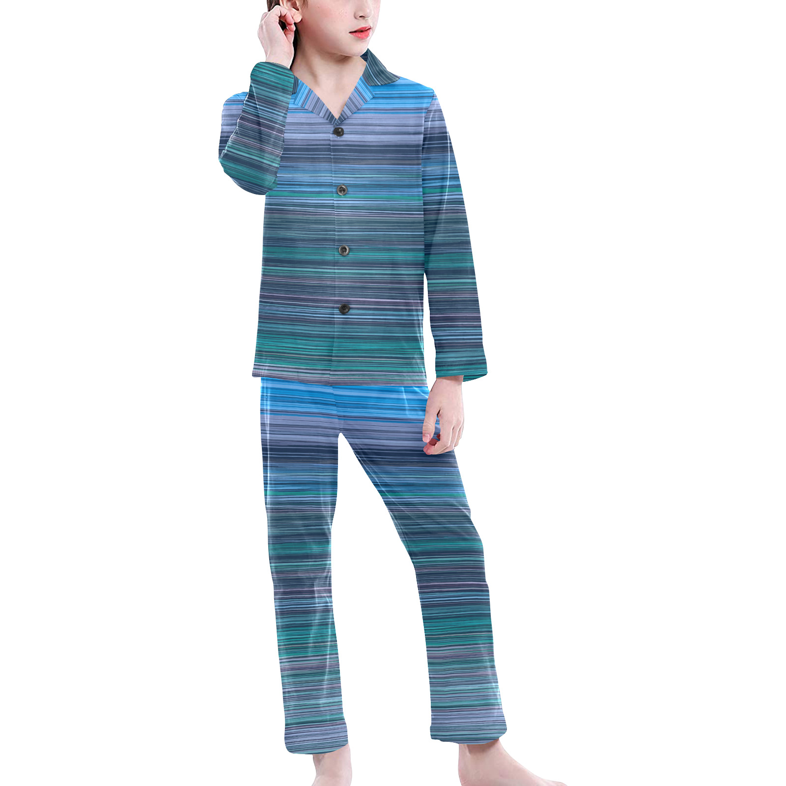Abstract Blue Horizontal Stripes Big Girls' V-Neck Long Pajama Set