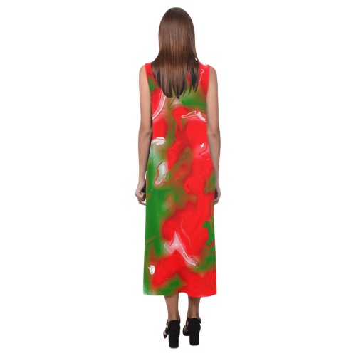 Red, White and Green Abstract Phaedra Sleeveless Open Fork Long Dress (Model D08)