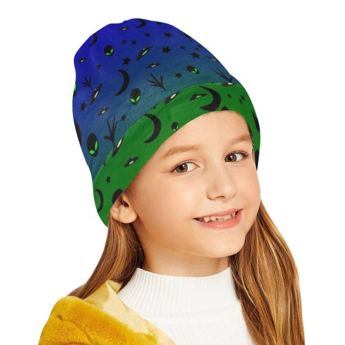 Aliens and Spaceships - Blue / Green All Over Print Beanie for Kids