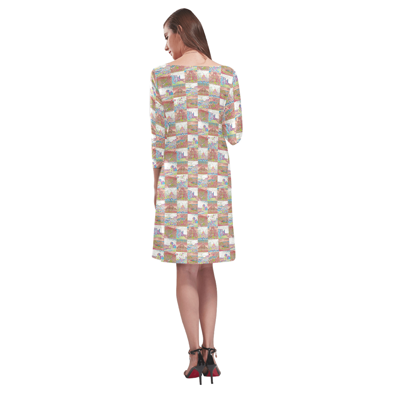 Big Pink and White World travel Collage Pattern Rhea Loose Round Neck Dress(Model D22)