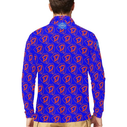 DIONIO Clothing - D Shield Repeat Long Sleeve Polo Shirt (Blue & Red D Shield Logo) Men's Long Sleeve Polo Shirt (Model T73)