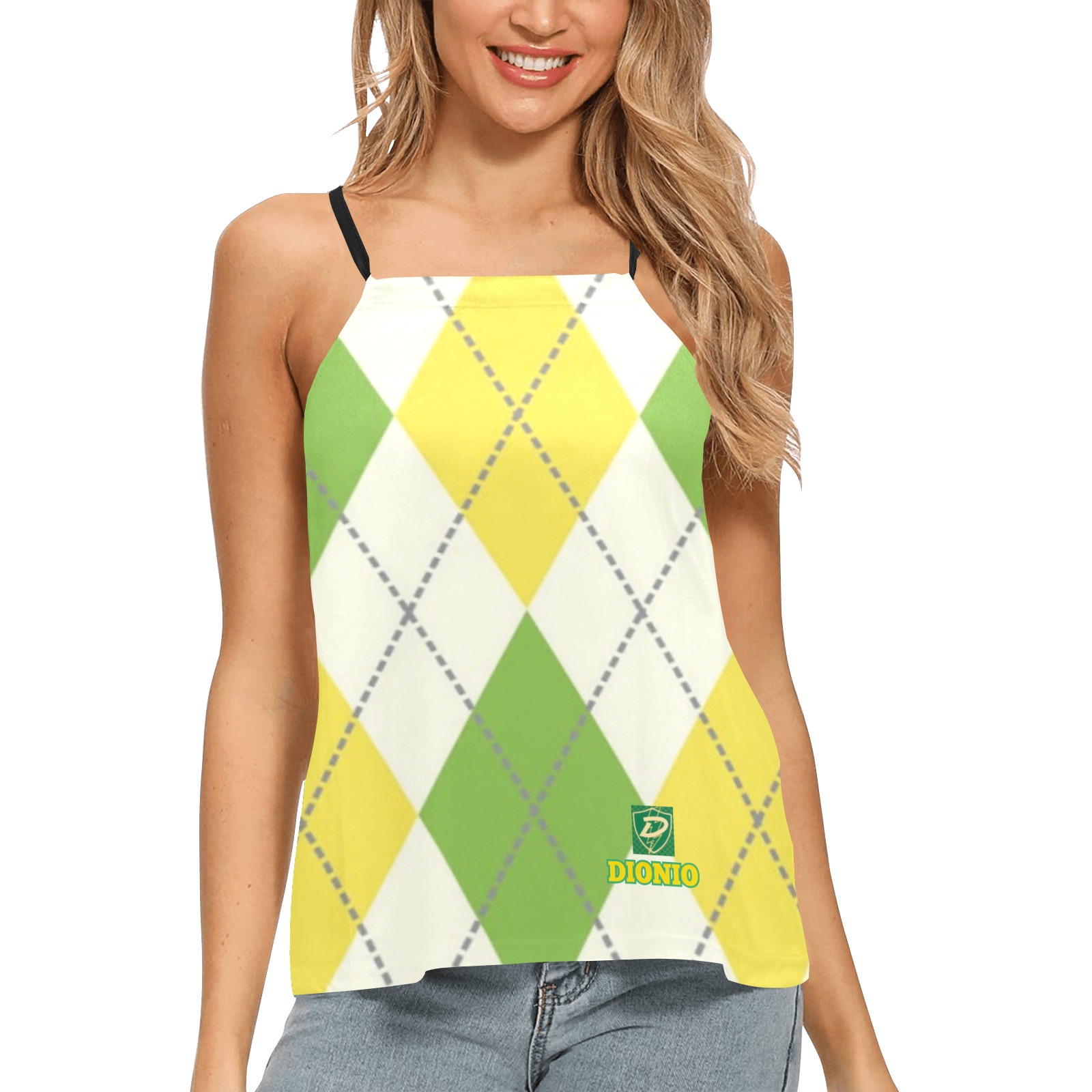 DIONIO Clothing - Ladies' Green & Yellow Diamond Loose Fit Halter Neck Top Loose Fit Halter Neck Top (Model T68)