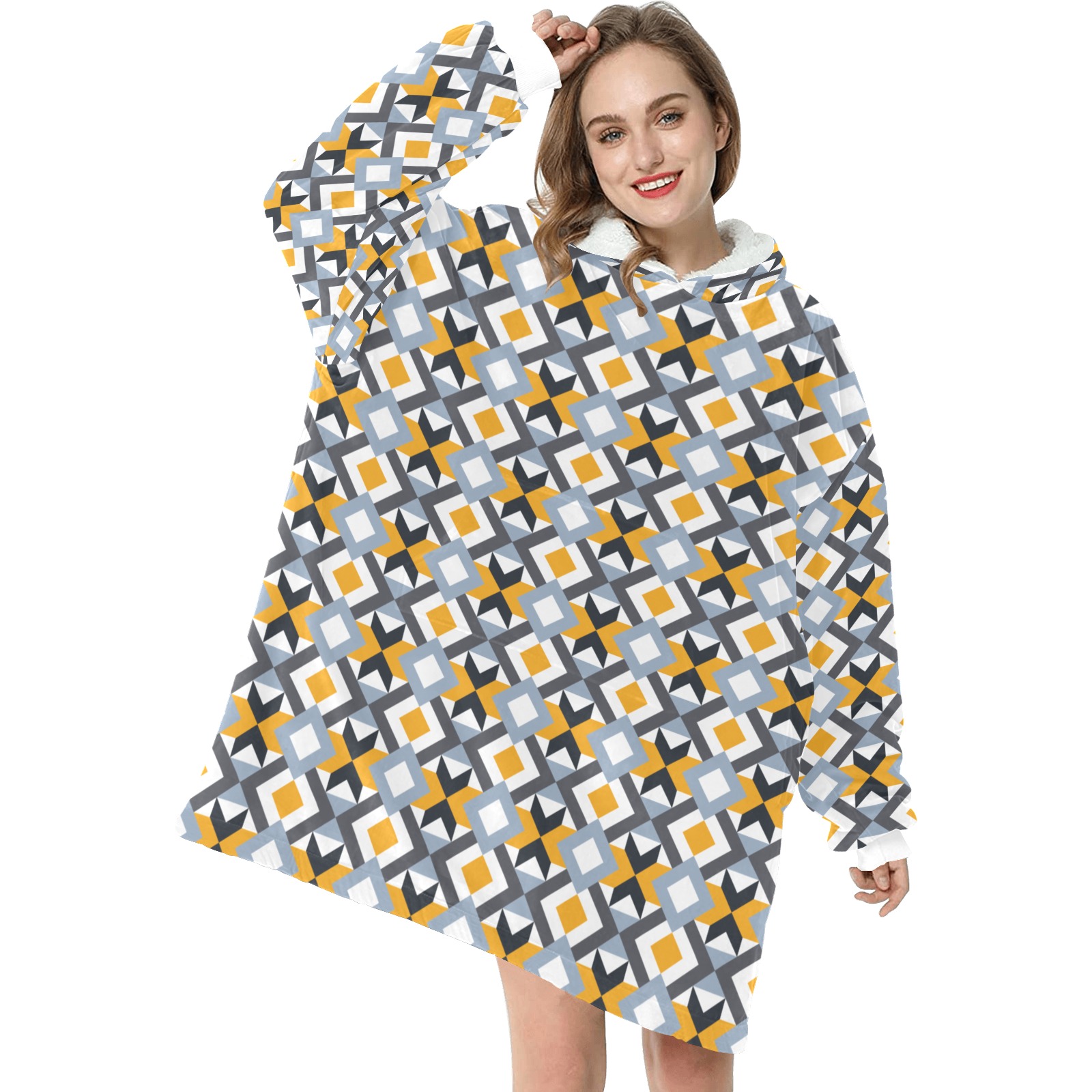 Retro Angles Abstract Geometric Pattern Blanket Hoodie for Women