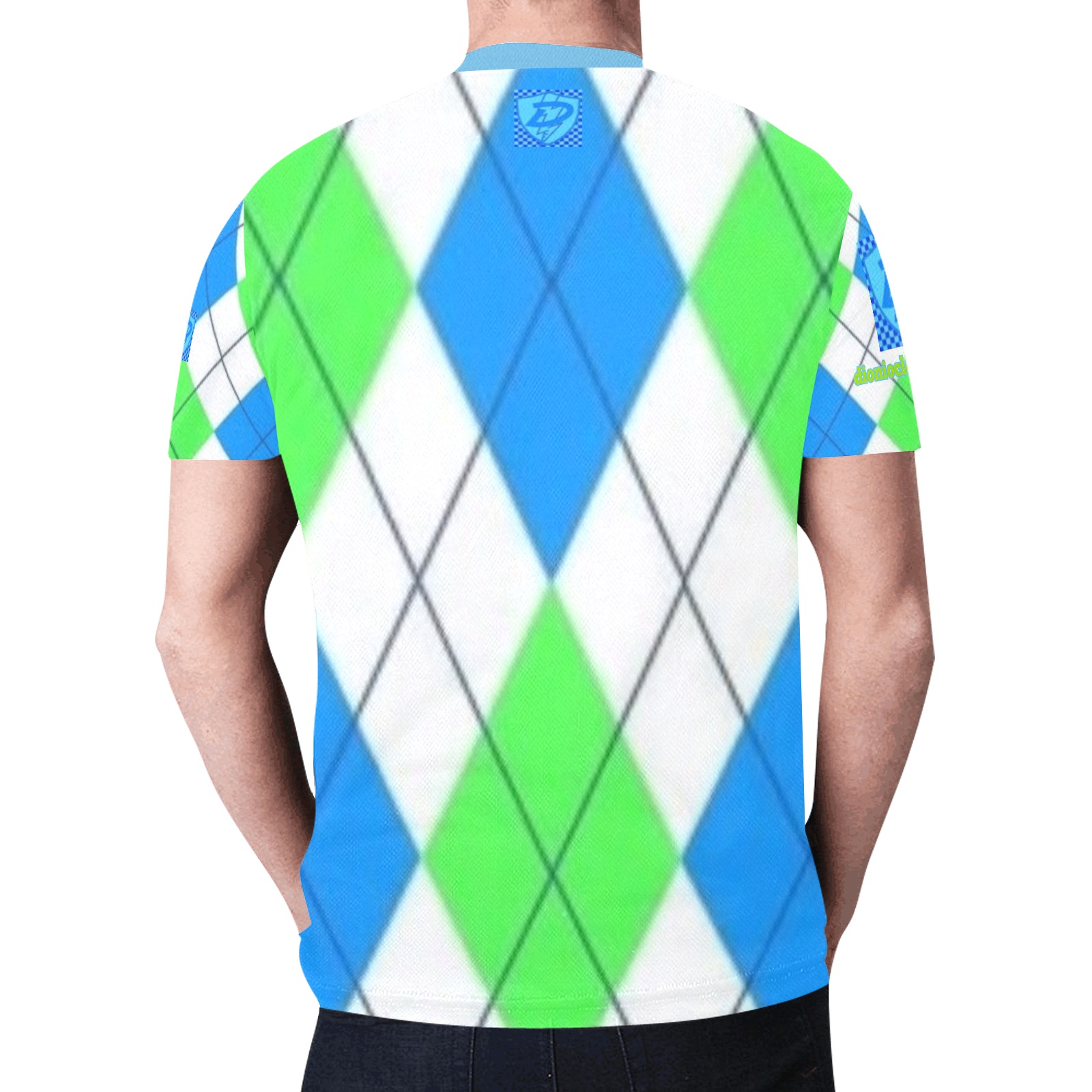 DIONIO Clothing - Argyle White Aqua Blue & Neon T-Shirt (Aqua Blue D-Shield Logo) New All Over Print T-shirt for Men (Model T45)