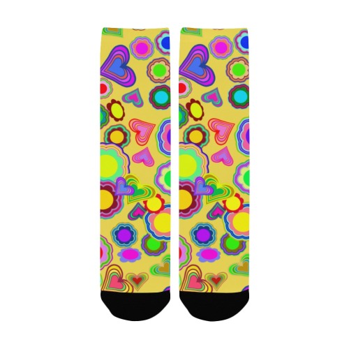 Groovy Hearts and Flowers Yellow Custom Socks for Women