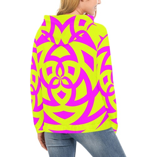 Waterbug Gym Fit Pattern Chartreuse Yellow Real Magenta All Over Print Hoodie for Women (USA Size) (Model H13)
