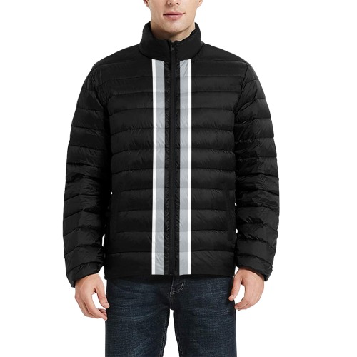 Black and Silver Racing Stripe Black Men's Stand Collar Padded Jacket (Model H41)