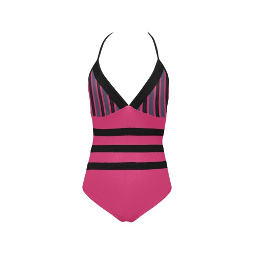 Pink Black and Blue Stripes Lace Band Embossing Swimsuit (Model S15)