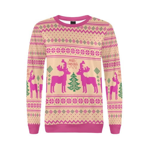 Merry Christmas Pink Reindeer Ugly Sweater All Over Print Crewneck Sweatshirt for Women (Model H18)