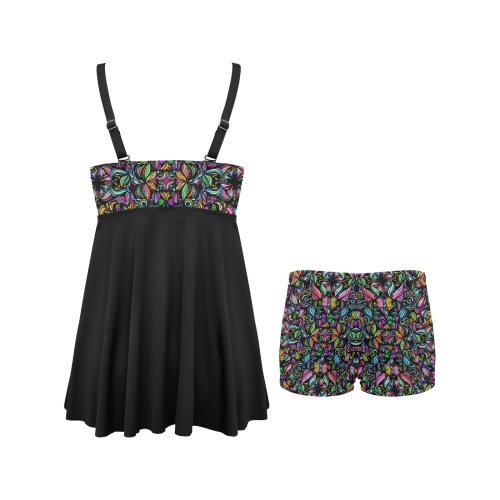 Whimsical Blooms in Black Chest Pleat Swim Dress (Model S31)