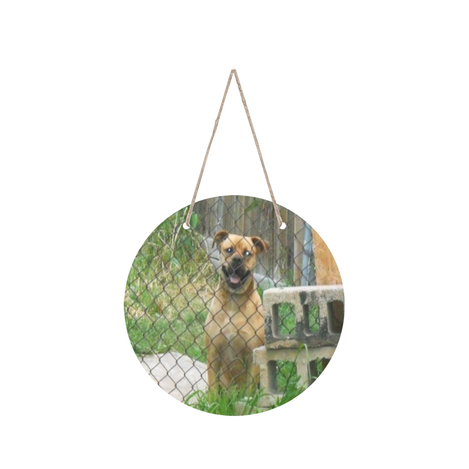 A Smiling Dog Round Wood Door Hanging Sign