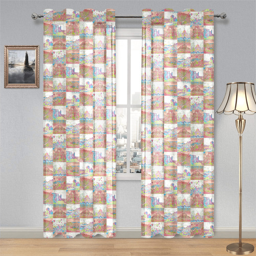 Big Pink and White World Travel Collage Pattern Gauze Curtain 28"x84" (Two-Piece)