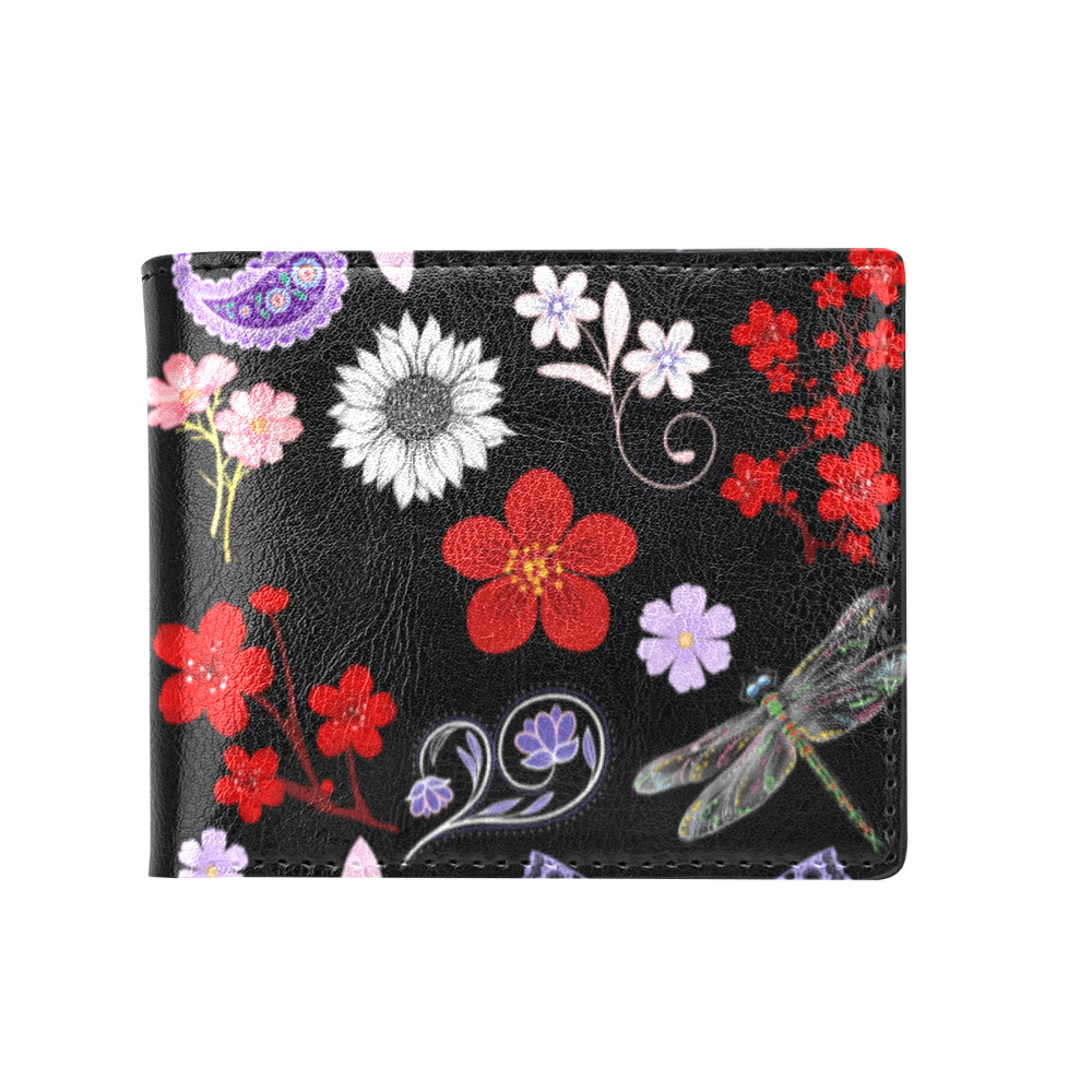 Black, Red, Pink, Purple, Dragonflies, Butterfly and Flowers Design Bifold Wallet with Coin Pocket (Model 1706)