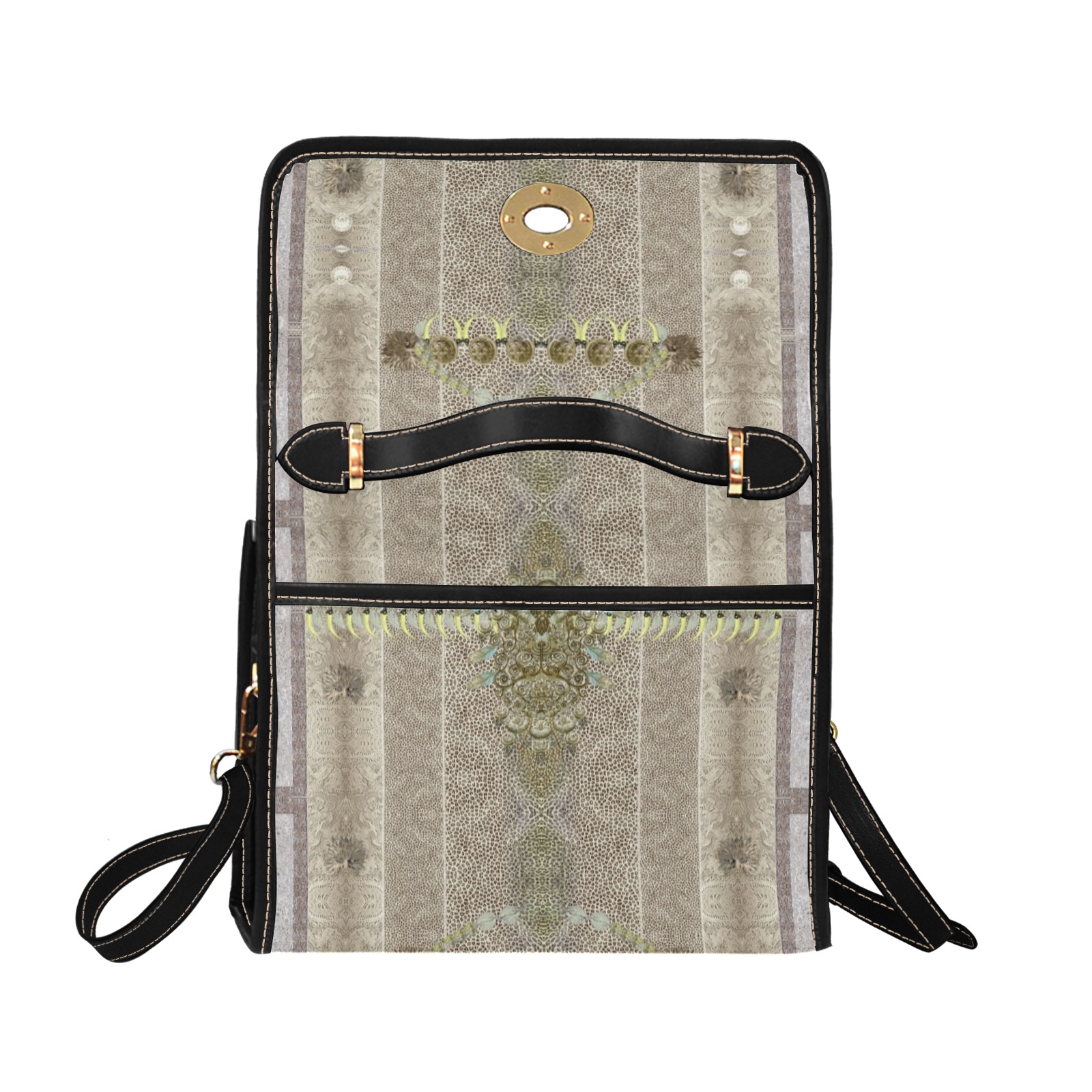 leopard design and feathers gold Waterproof Canvas Bag-Black (All Over Print) (Model 1641)