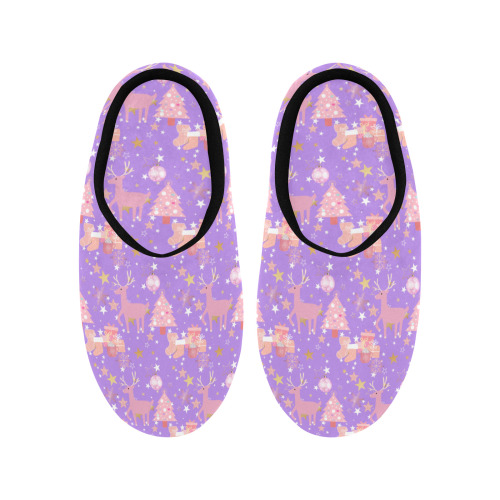 Pink and Purple and Gold Christmas Design Women's Non-Slip Cotton Slippers (Model 0602)