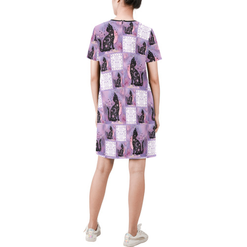 Purple Cosmic Cats Patchwork Pattern Short-Sleeve Round Neck A-Line Dress (Model D47)