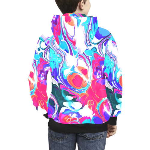 Blue White Pink Liquid Flowing Marbled Ink Abstract Kids' All Over Print Hoodie (Model H38)